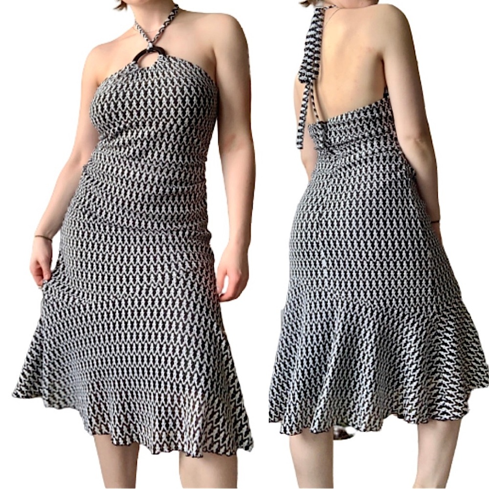 Vintage Joseph Ribkoff knit ruched chevron halter neck midi dress size 8